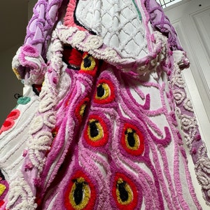 Medium unusual and soft “Purple Triple Peacock” vintage chenille bathrobe upcycled from hand tufted chenille bedspread