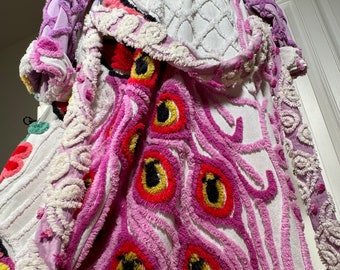 Medium unusual and soft “Purple Triple Peacock” vintage chenille bathrobe upcycled from hand tufted chenille bedspread