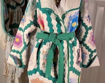 XL heavy grandmothers flower garden patchwork quilt coat with hood Upcycled from vintage handmade flour sack bits quilts