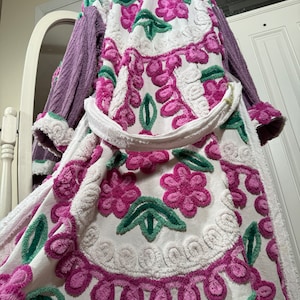 XL plush and heavy ‘Purple Power Nanny’ vintage chenille bathrobe upcycled from hand tufted vintage chenille bedspread