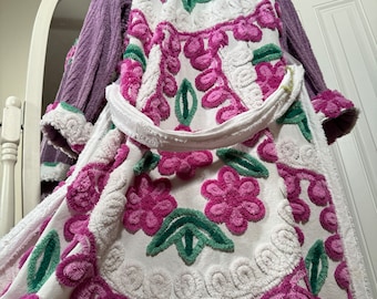 XL plush and heavy ‘Purple Power Nanny’ vintage chenille bathrobe upcycled from hand tufted vintage chenille bedspread