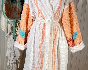 Large heavy “Peach Garland” chenille bathrobe upcycled from vintage chenille bedspreads