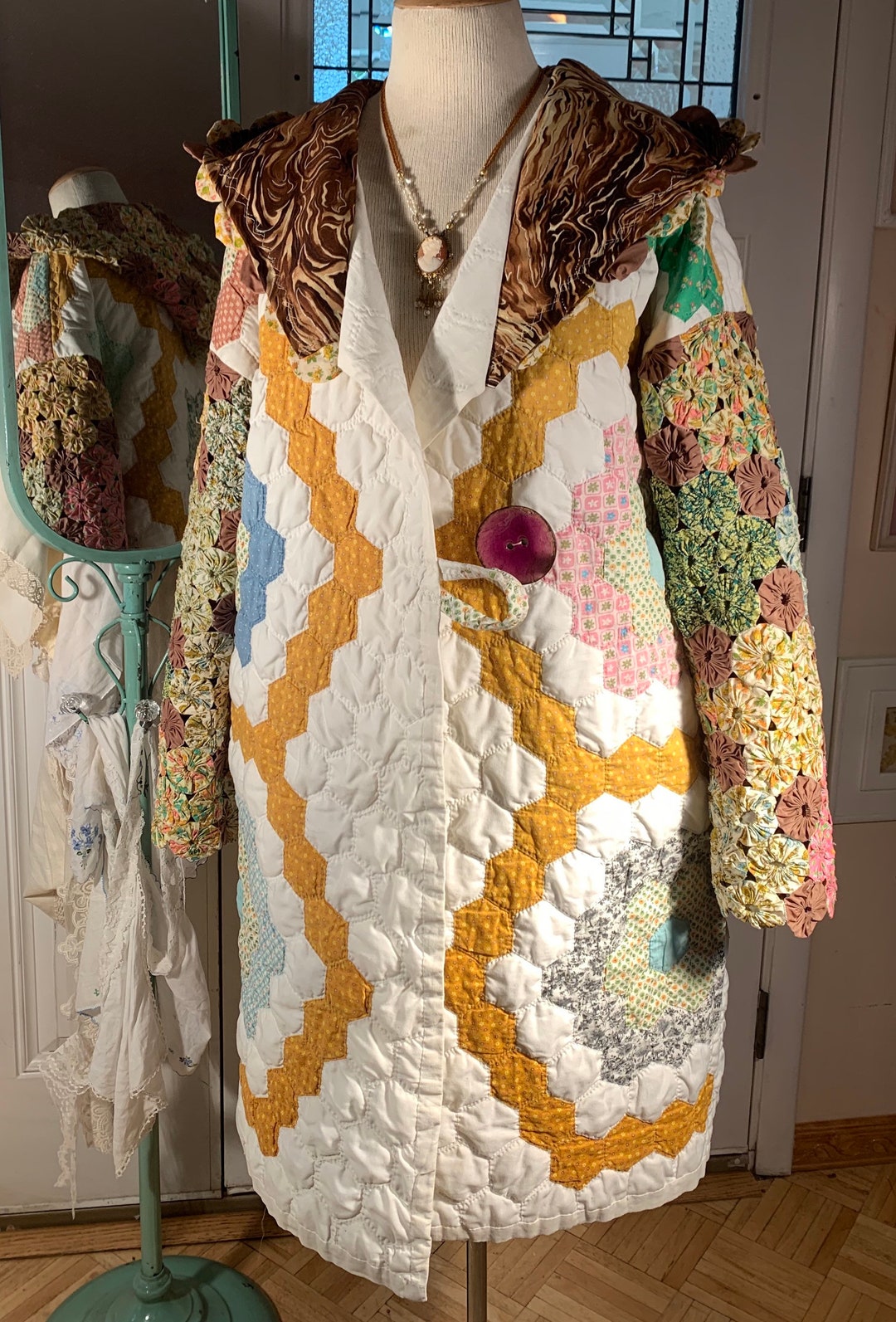 Medium Patchwork Quilt and Yoyo Overcoat With Hood Upcycled - Etsy