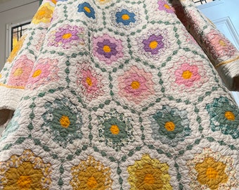 XL rainbow ‘grandmothers garden path’ patchwork quilt coat upcycled from vintage handmade feed sack bits depression era quilt