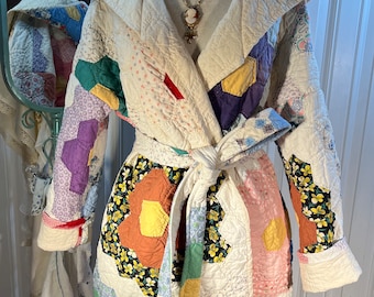 XL soft ‘grandmothers flower garden’ patchwork quilt coat upcycled from vintage handmade flour sack bits patchwork quilt