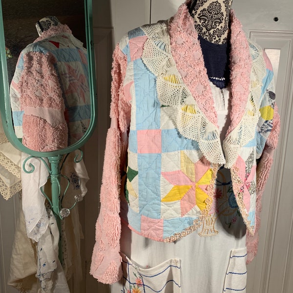 M-L vintage seven point star quilt and chenille jacket Upcycled from vintage textiles