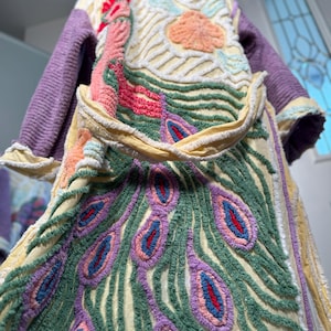Medium soft “Butter and Lilac Triple Peacock” vintage chenille bathrobe upcycled from hand tufted peacock chenille bedspread