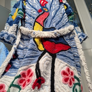 2XL rare, plush and long “Giant Strutting Peacock” vintage chenille bathrobe upcycled from hand tufted chenille bedspreads