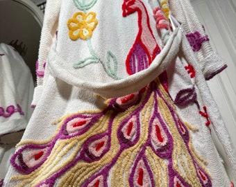 Medium extra long “Pretty Plum Triple peacock” vintage chenille bathrobe upcycled from hand tufted chenille bedspreads