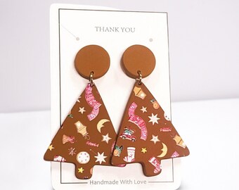 Brown and Purple Christmas Tree and Decor Dangle Earrings