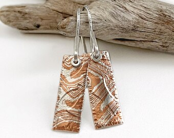 Mokume Gane Earrings - Copper and Silver Rectangle Earrings - Unique Handcrafted Earrings - Wanderlust Gift for Her