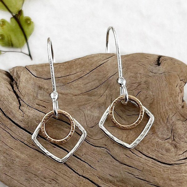 Sterling Silver and Bronze Earrings - Wanderlust Jewelry - Geometric Earrings Dangle - Mixed Metal Earrings - Gift for Mom