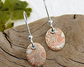 Mokume Gane Earrings - Dainty Copper and Sterling Silver Jewelry - Gift for the Adventurer