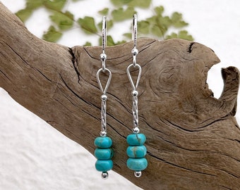Kingman Turquoise and Sterling Silver Earrings - Genuine Turquoise  Dangle Earrings - Wife Handmade Jewelry Gift