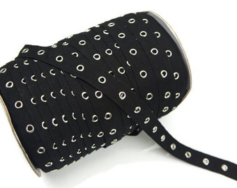 Black Grommet Tape with Nickel Eyelet Cotton Twill Tape Trim by the yard ATN00240