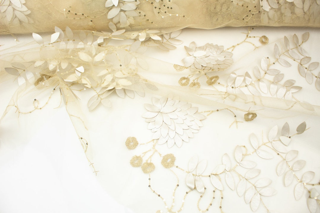 Champagne Tulle with Floral Beading Embroidery Fabric