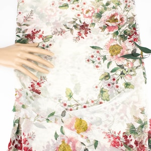 Red and Pink Floral on Cream Stretch Mesh Fabric by the yard MNT00011R