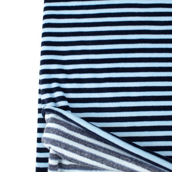 Navy and Blue Narrow Stripe Velour Knit Fabric Stretch Velvet by the yard STK00259R