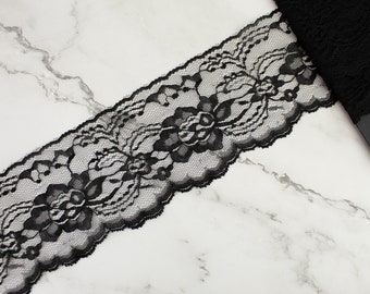 Black Floral Scalloped Lace Trim: 4-inch x 5.5-Yards