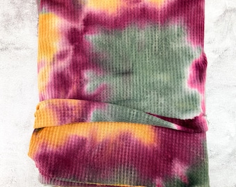 Magenta Green Mustard Tie Dye Brushed Waffle Sweater Knit Fabric Remnant 2 yards