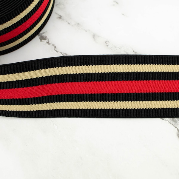 Black Beige and Red Fancy Stripe Elastic Trim Elastic Band 2-3/8 inches width by the yard ELT00263