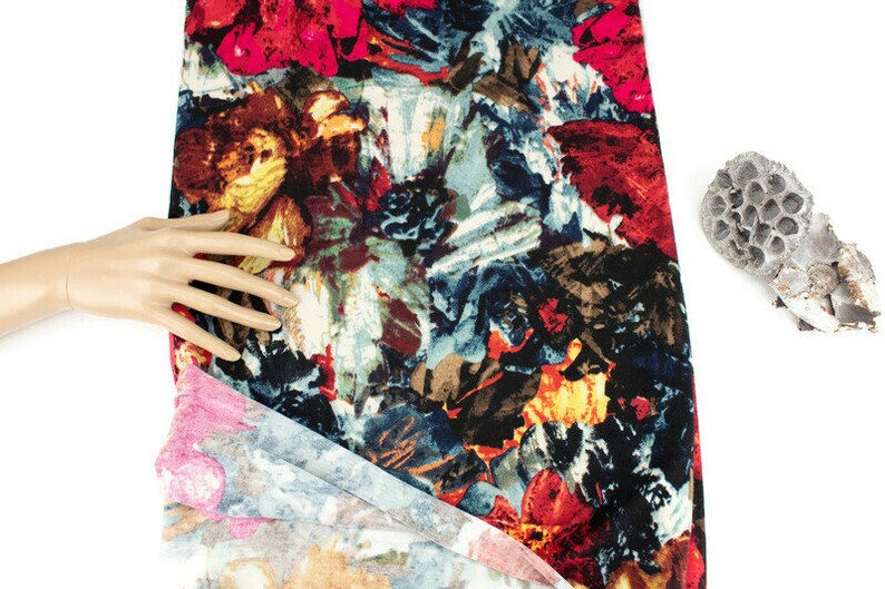 Red and Black Abstract Floral Sweater Knit Fabric by the yard image 2