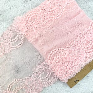 Light Pink Stretch Lace Trim  Wide Lace Trim Pink Lace Trim Stretch Lace Trim Remnant 6.75 inches width x 3 yards SLT00330
