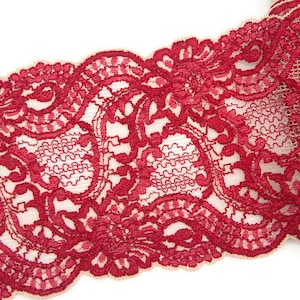 Red Wide Floral Stretch Lace Trim by the yard Red Floral Lace Trim Lingerie Lace Trim Fashion Lace Trim Designer Lace Trim