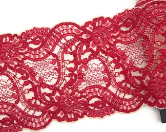 Red and Ecru Wide Floral Stretch Lace Trim by the yard SLT00109