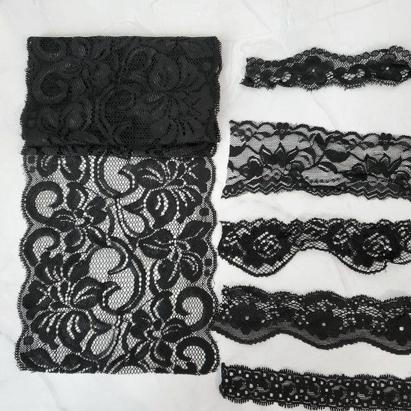 Black Stretch Lace Trim Scrap Pack Scrap Bundle 6 pieces of 1-2 yards each SPK00121