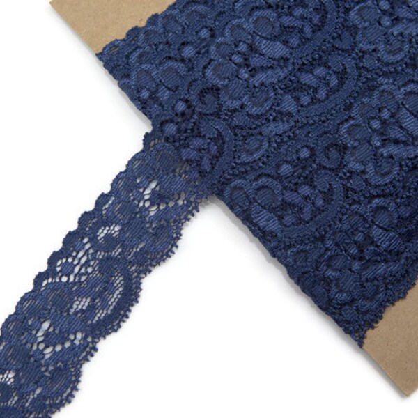 Dark Blue Floral Scalloped Stretch Lace Trim 2.5 yards SLT00086