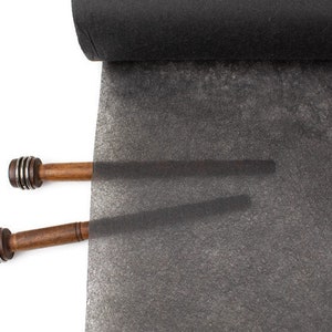 May include: A roll of black fabric with two wooden dowels with metal caps. The fabric is rolled up and the dowels are sticking out of the ends.