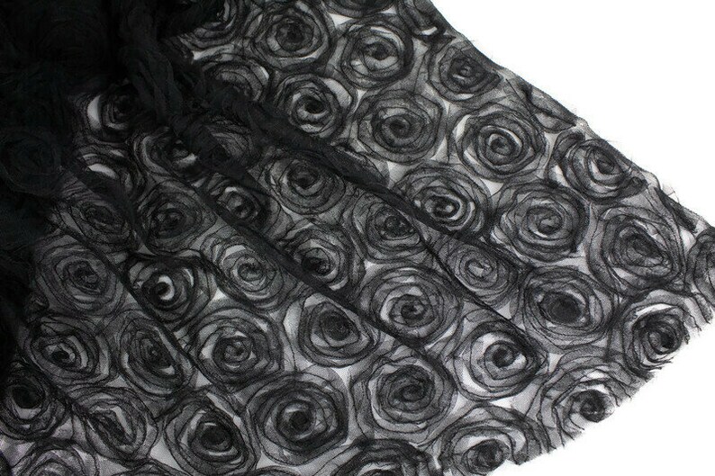 Black Rosette on Mesh Fabric 3D Flowers by the yard LMT00192R