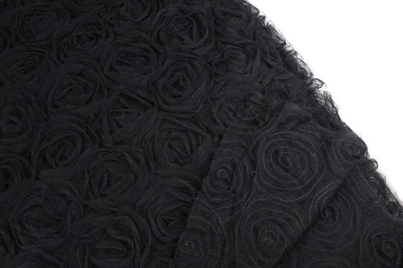 Black Rosette on Mesh Fabric 3D Flowers by the yard LMT00192R