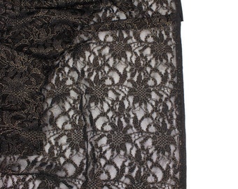 Black and Metallic Gold Floral Stretch Lace Fabric by the yard LAC00004