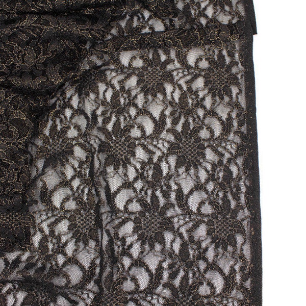 Black and Metallic Gold Floral Stretch Lace Fabric by the yard LAC00004