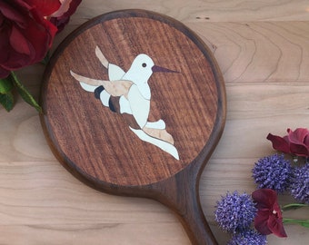 Walnut Hand Held Mirror, hummingbird Flower Wooden Wall Mirror, Vanity Mirror, Christmas graduation gift, Birthday gift, Made in USA