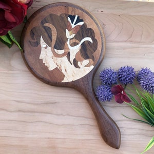 Hand Mirror, Hand Held Mirror, Women girl lady Mirror, Wooden hand mirror Girl Black Walnut wood Handmade Inlaid Marquetry  Made in USA