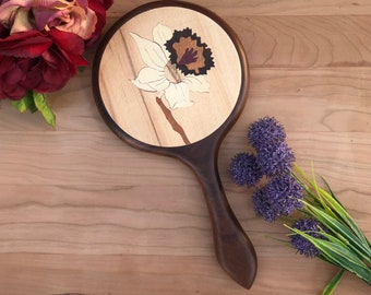 Daffodil Hand Mirror, Flower Wood Hand Mirror, Koa Ebony Handheld Mirror,  Vanity Mirror wood Handmade  Made in USA