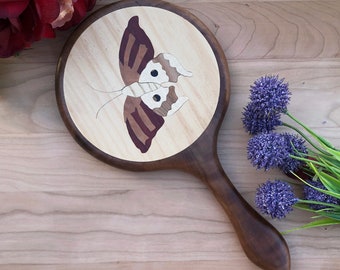Walnut Hand Held Mirror, Butterfly personalized Wooden Wall Mirror,  Red Vanity Mirror, Christmas gift, Birthday gift for Her USA