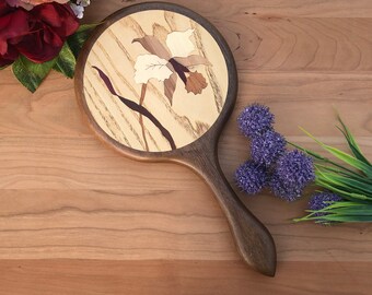 Mirror, Large Hand Mirror, Wall Mirror, Make up Mirror, Purple Wooden Mirror, Round Mirror, Flower Figured Oregon Black Walnut Made in USA