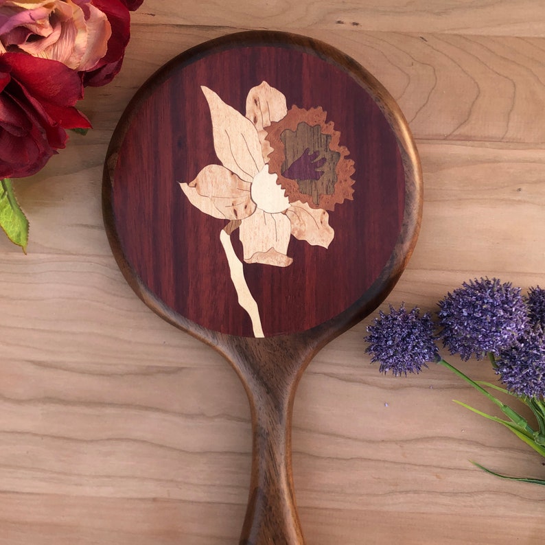 Walnut Mirror, Hand Mirror, Wood Wall Mirror, Daffodil Mirror, Red Personalized Mirror, Wood Highly Figured Oregon Black Walnut Made in USA image 3