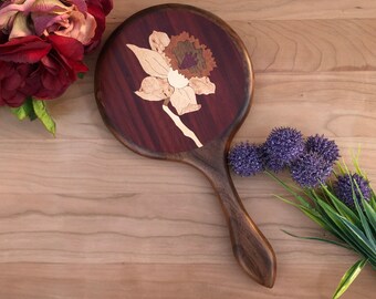 Walnut Mirror, Hand Mirror, Wood Wall Mirror, Daffodil Mirror, Red Personalized Mirror, Wood Highly Figured Oregon Black Walnut Made in USA