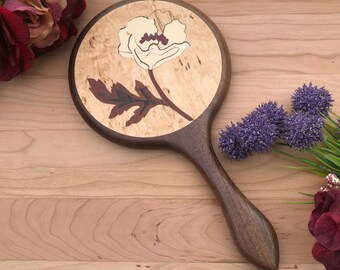 Hand Held Mirror, Hand Mirror, Puppy Flower Mirror, Wooden hand mirror Girl Black Walnut wood Handmade  Made in USA LHM