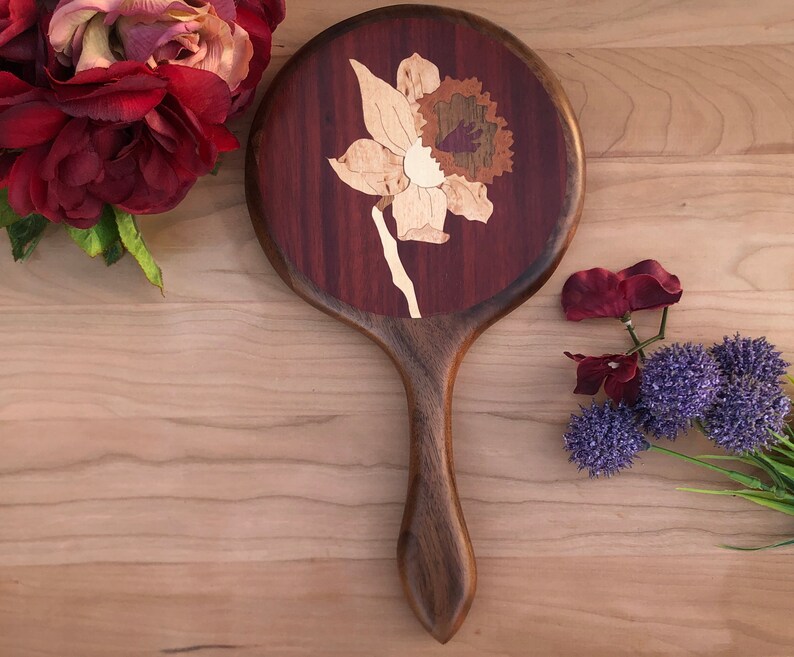 Walnut Mirror, Hand Mirror, Wood Wall Mirror, Daffodil Mirror, Red Personalized Mirror, Wood Highly Figured Oregon Black Walnut Made in USA image 2