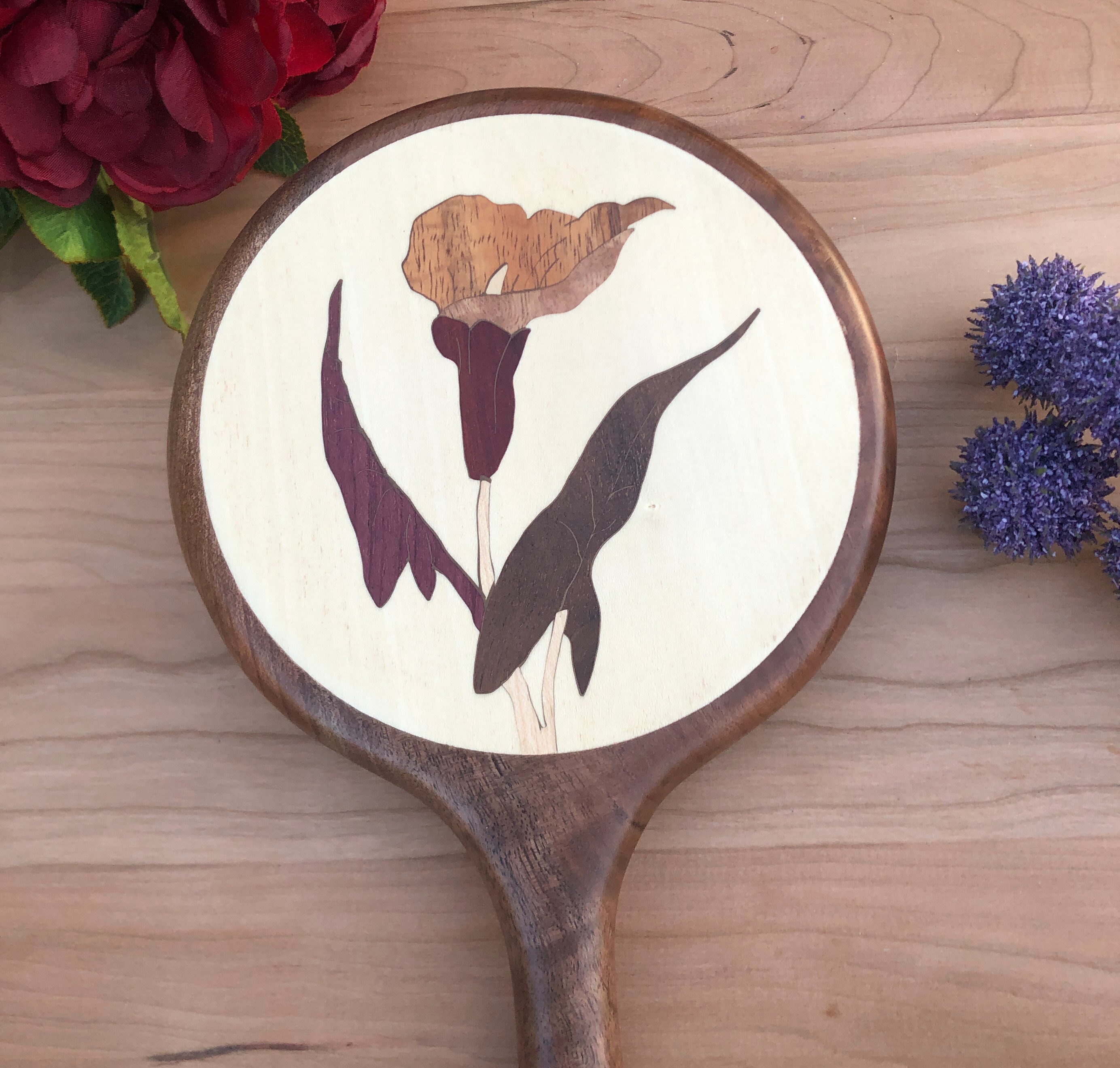 Walnut Hand Held Mirror, Calla Lily Flower Personalized Wooden Wall ...