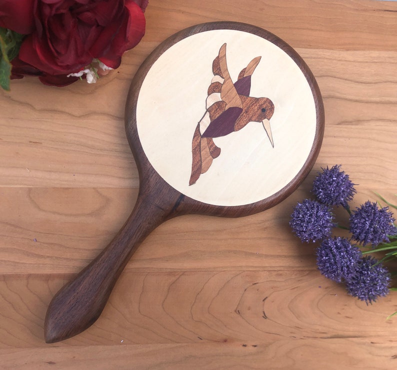 Hand Mirror, Wood Hand held mirror, Hummingbird large hand mirror wall purple burl vanity Birthday Christmas Mother's day wedding Made in US image 5