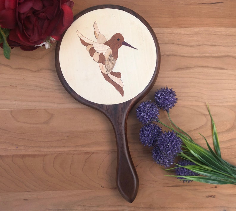 Hand Mirror, Wood Hand held mirror, Hummingbird large hand mirror wall purple burl vanity Birthday Christmas Mother's day wedding Made in US image 3