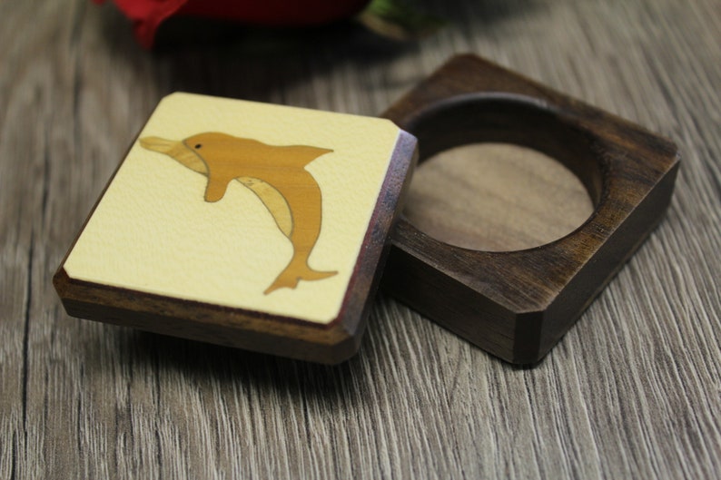 Dolphin Pill Box, Wood Pill Box-Pill Organizer-pocket pill box-Pill box with design-pill case-small box-inlay pill box, Ring box image 2