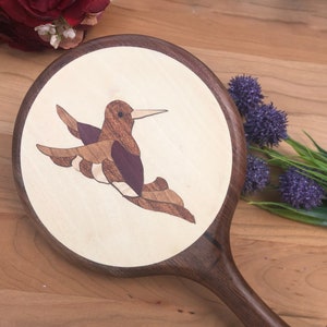 Hand Mirror, Wood Hand held mirror, Hummingbird large hand mirror wall purple burl vanity Birthday Christmas Mother's day wedding Made in US image 4